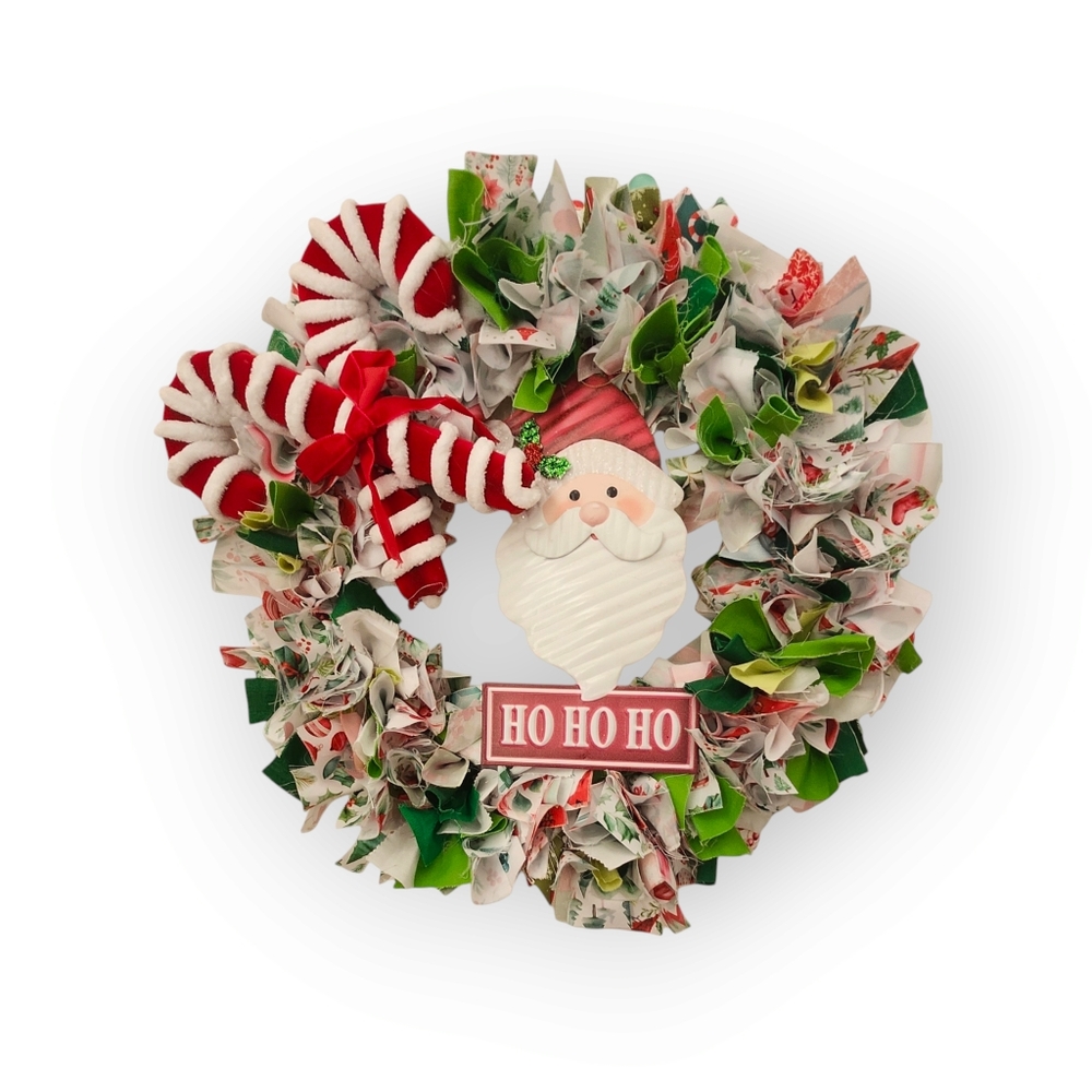 12" Christmas Rag Wreath Santa Face & Candy Canes with Green Lights - Picture 3 of 9